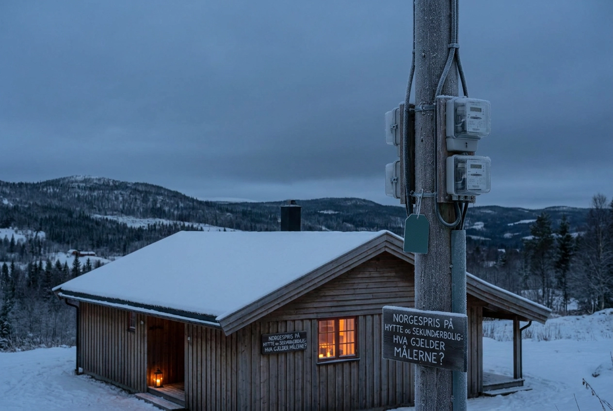 Professional header image for educational tutorial: Norgespris på hytte og sekundærbolig: hva gjelder målerne?