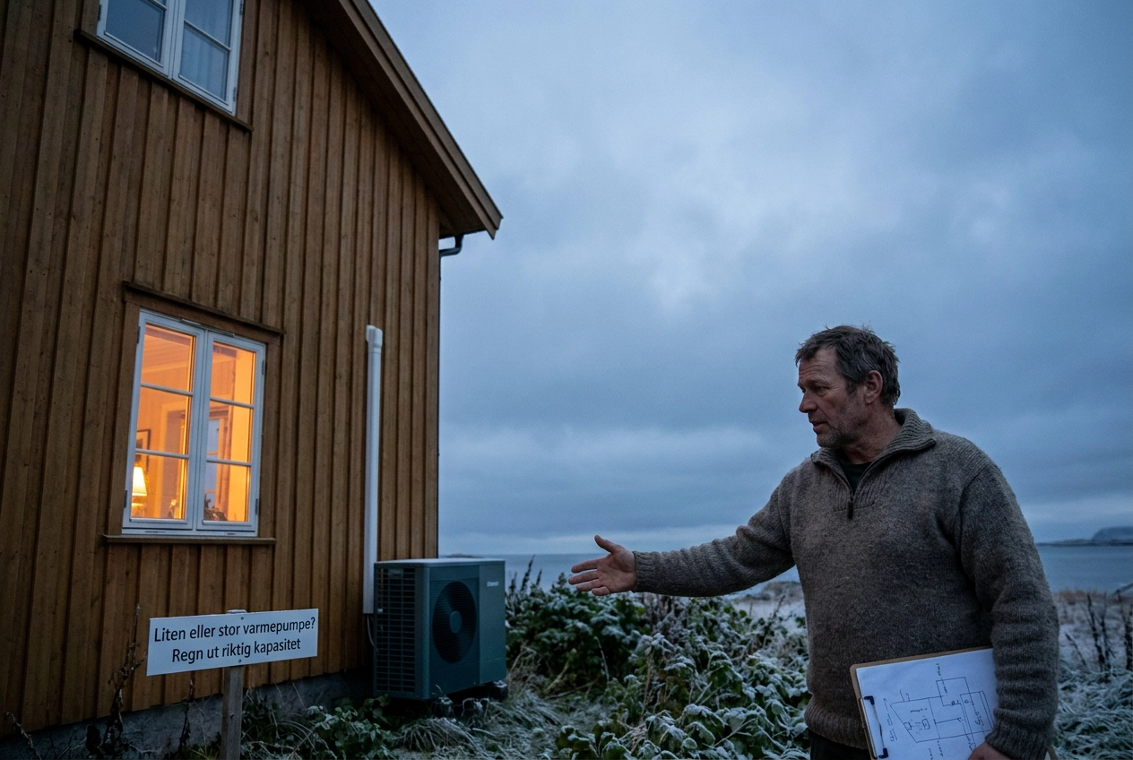 Professional header image for step-by-step guide: Liten eller stor varmepumpe? Regn ut riktig kapasitet